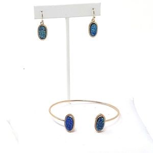 Blue Druzy Stone Shimmer Bangle Bracelet Earring